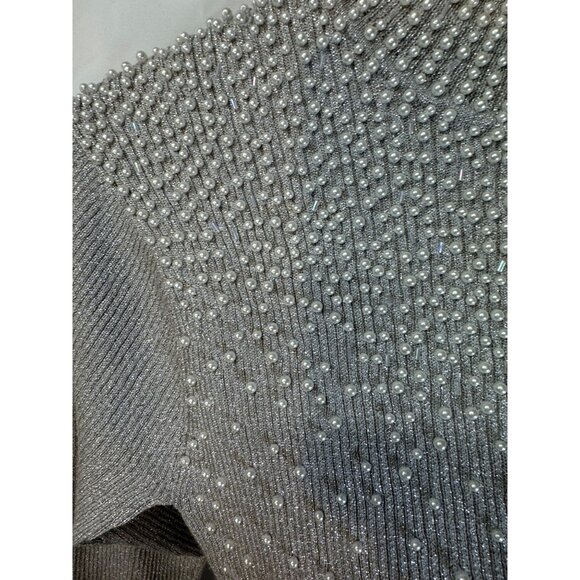 Fitted vintage heavily pearl beading silver shiny zipper back slight turtleneck - Picture 7 of 10